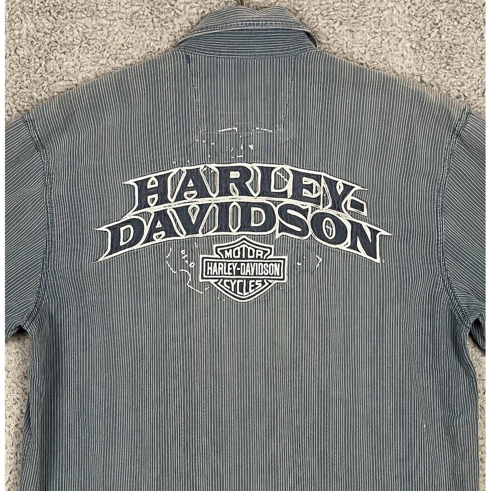 Harley-Davidson Work Shirt Medium Blue/White Pinstripe Button Up Retro 90s